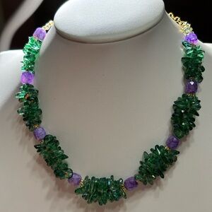 Hand Crafted necklace with elegant green chip beads and purple barrel beads 16in